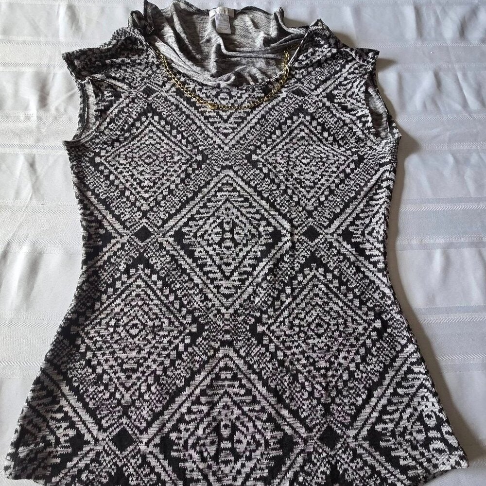 Women's Size Medium Cache Sleeveless Metallic Threaded Black & White Diamond